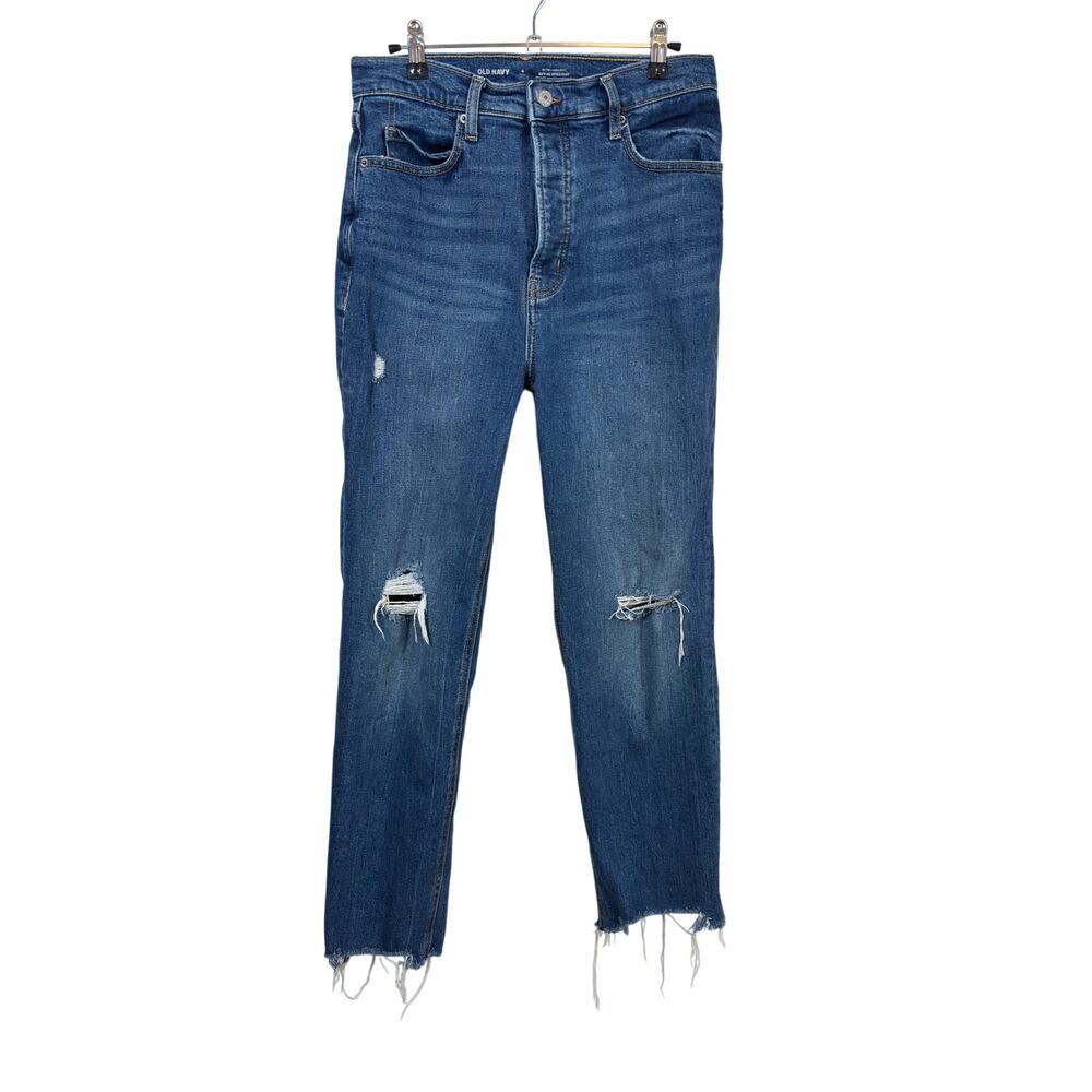 Old Navy Sky Hi Straight Jeans Womens 4 Tall Blue High Rise Raw Hem Distressed